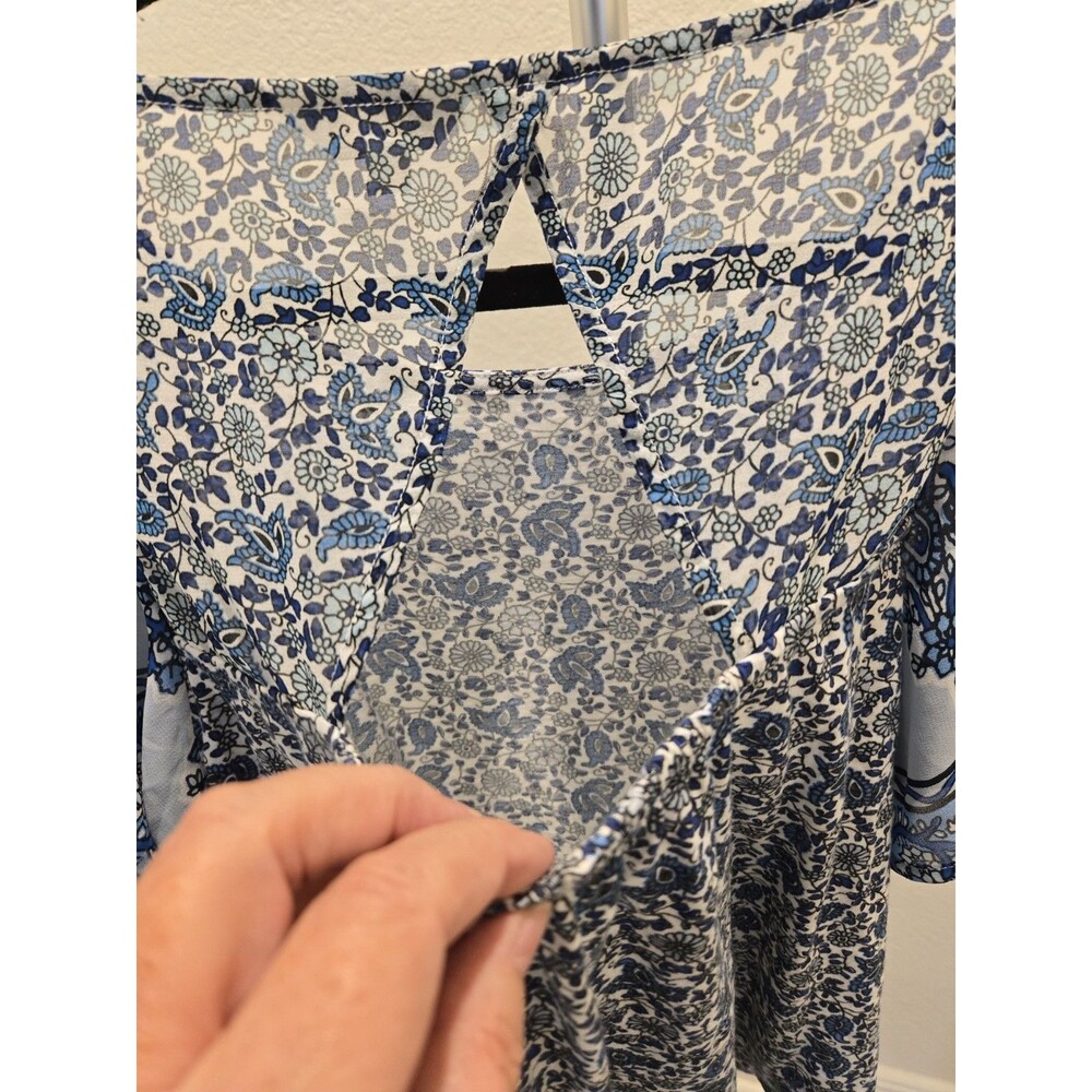 Lucky Brand Blouse Navy Blue Geo Boho Paisley Print Short Sleeve Top Women's M - Picture 7 of 11
